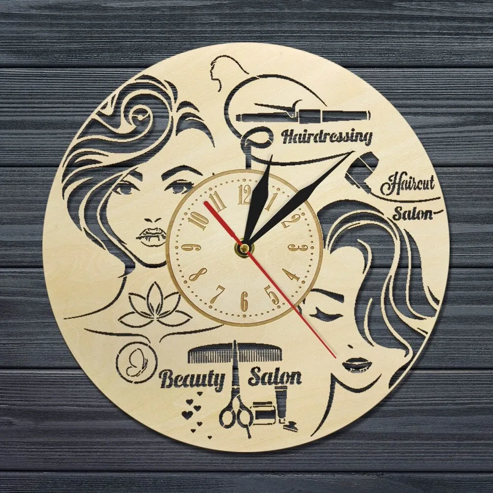 Horloge murale salon de coiffure bois 30 cm