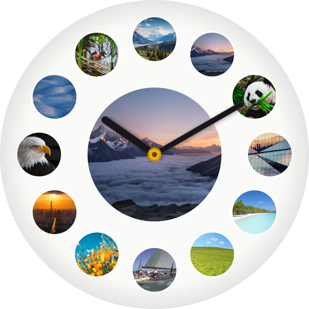 Horloge personnalisée avec 12 photos des heures et une photo centrale