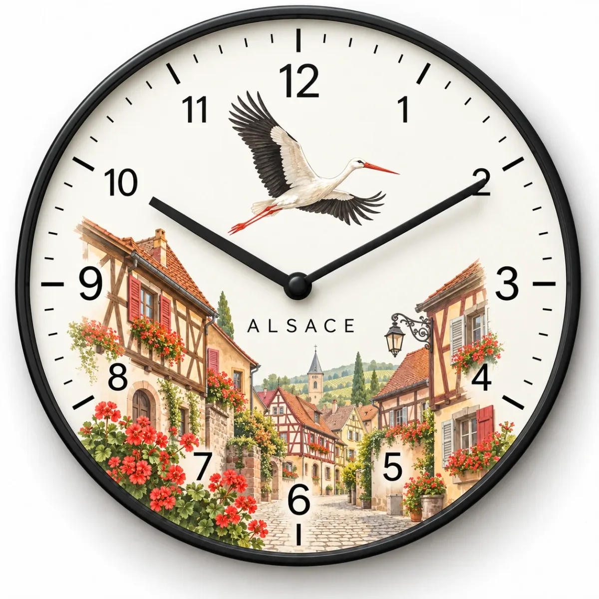 Horloge Alsace – Village fleuri et cigogne