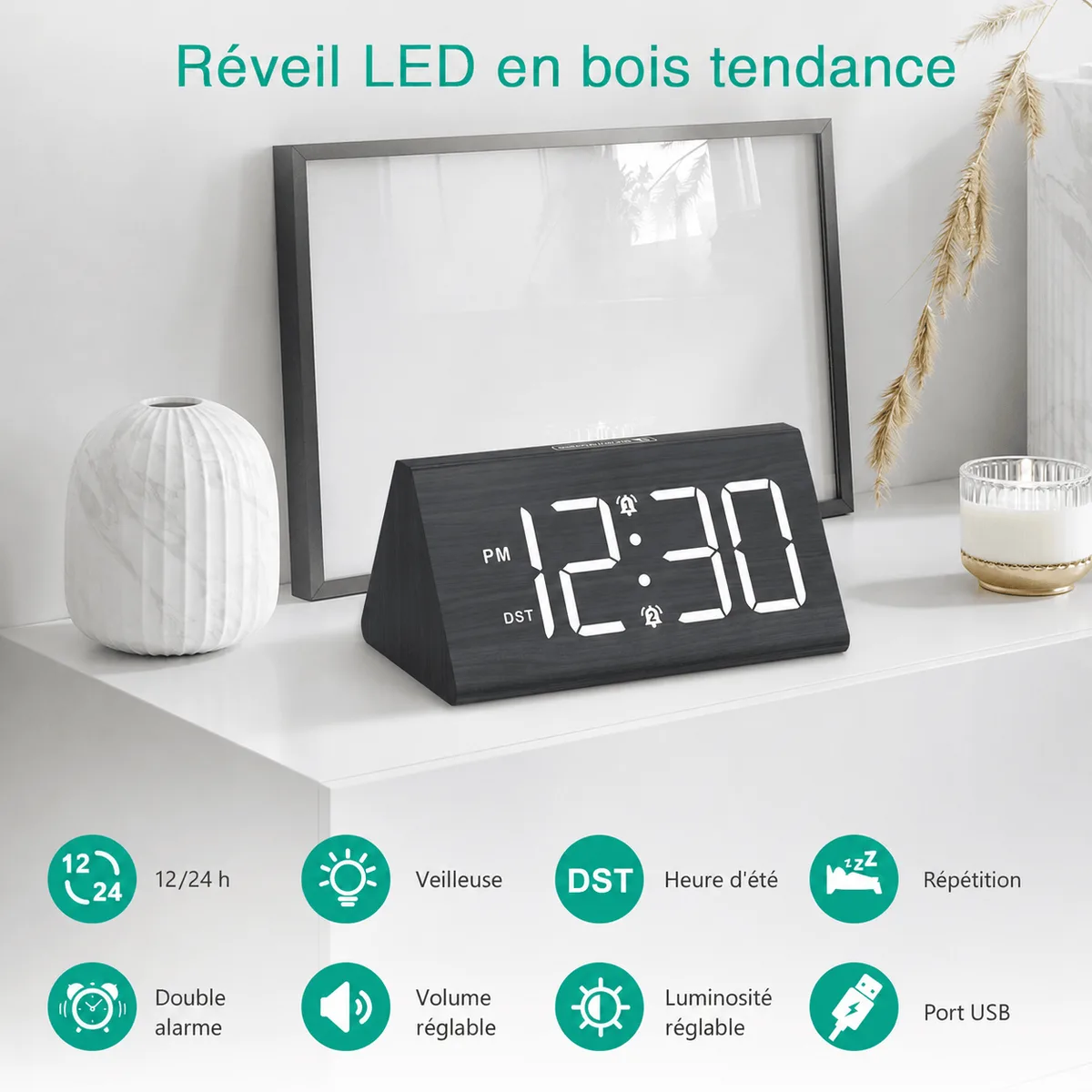 Réveil en bois digital LED
