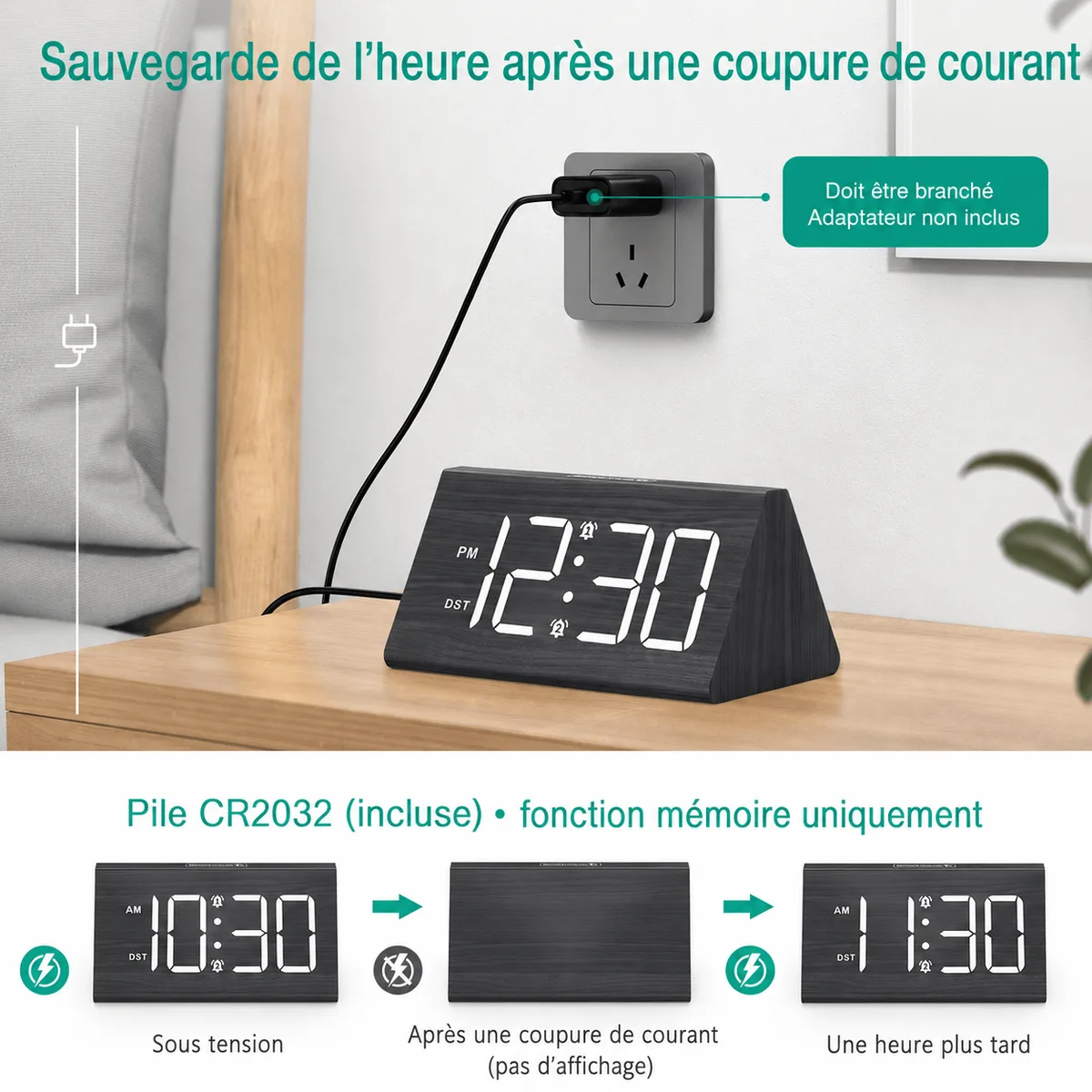Réveil en bois digital LED