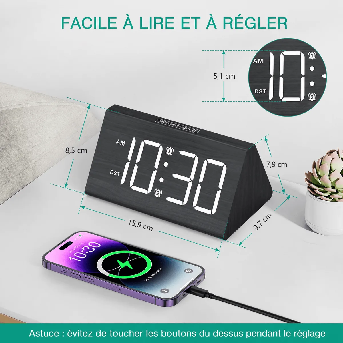 Réveil en bois digital LED