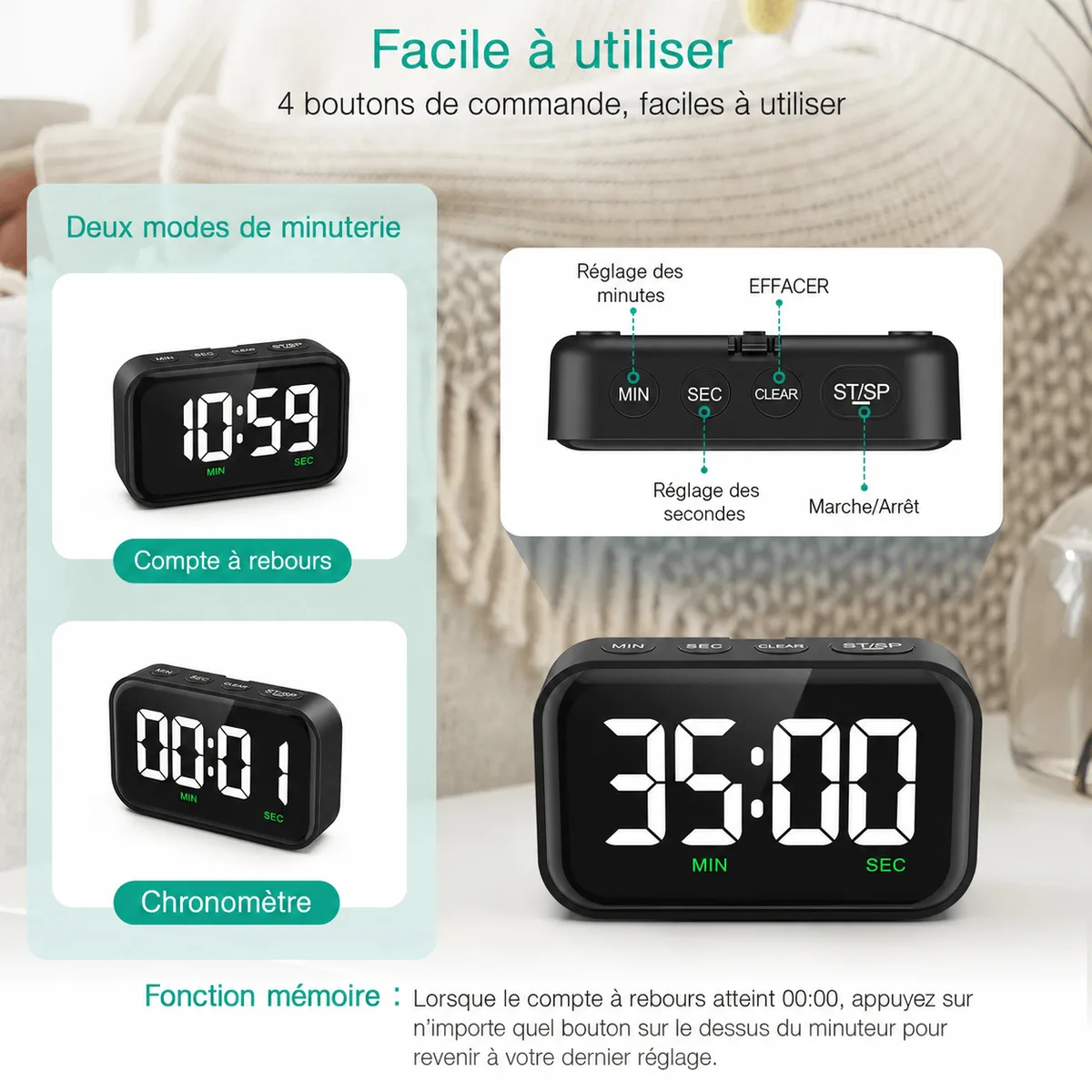 Réveil digital avec gros chiffres