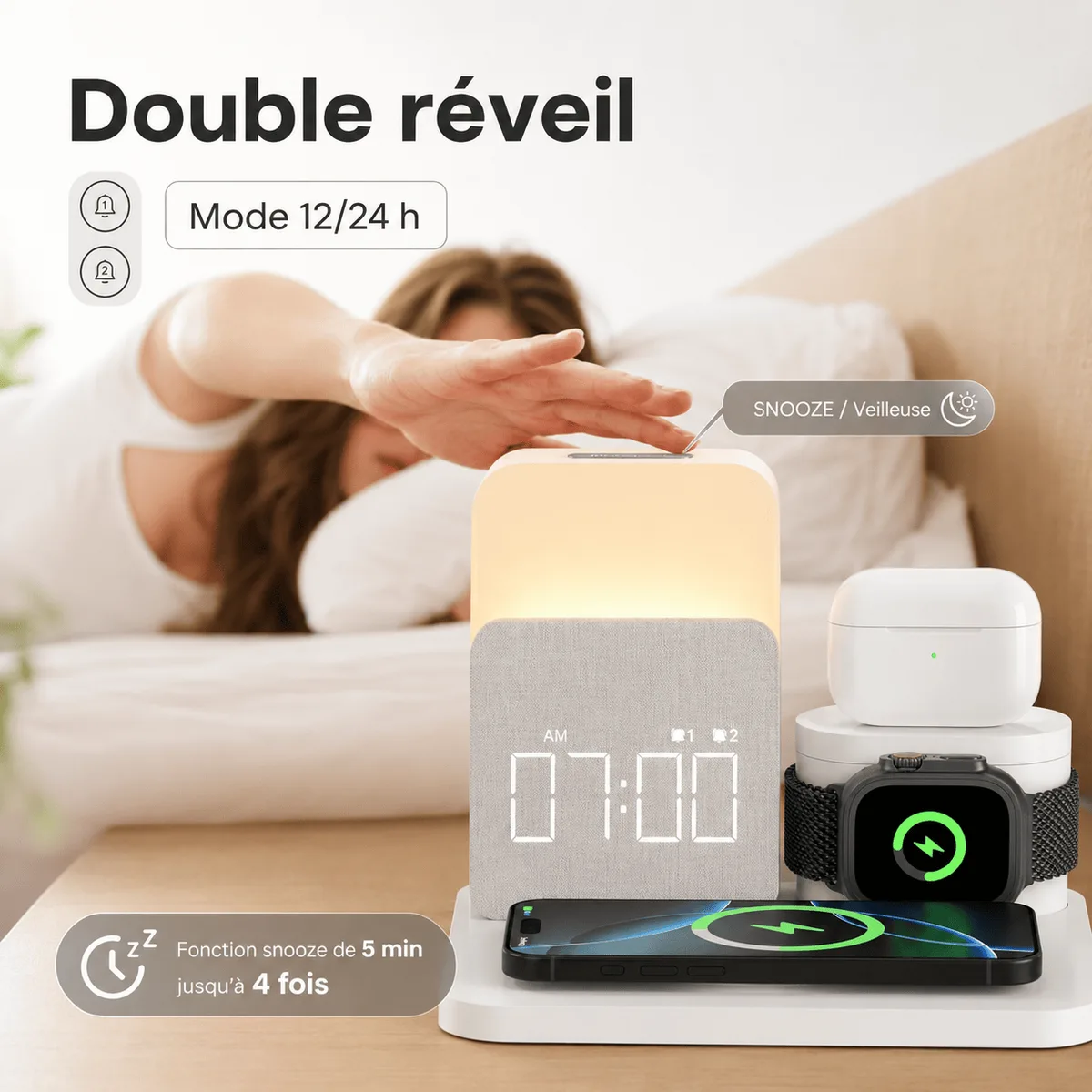 Réveil chargeur induction Apple Samsung