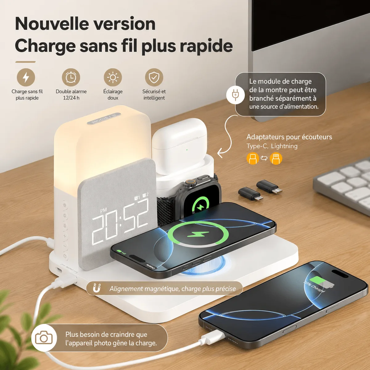 Réveil chargeur induction Apple Samsung