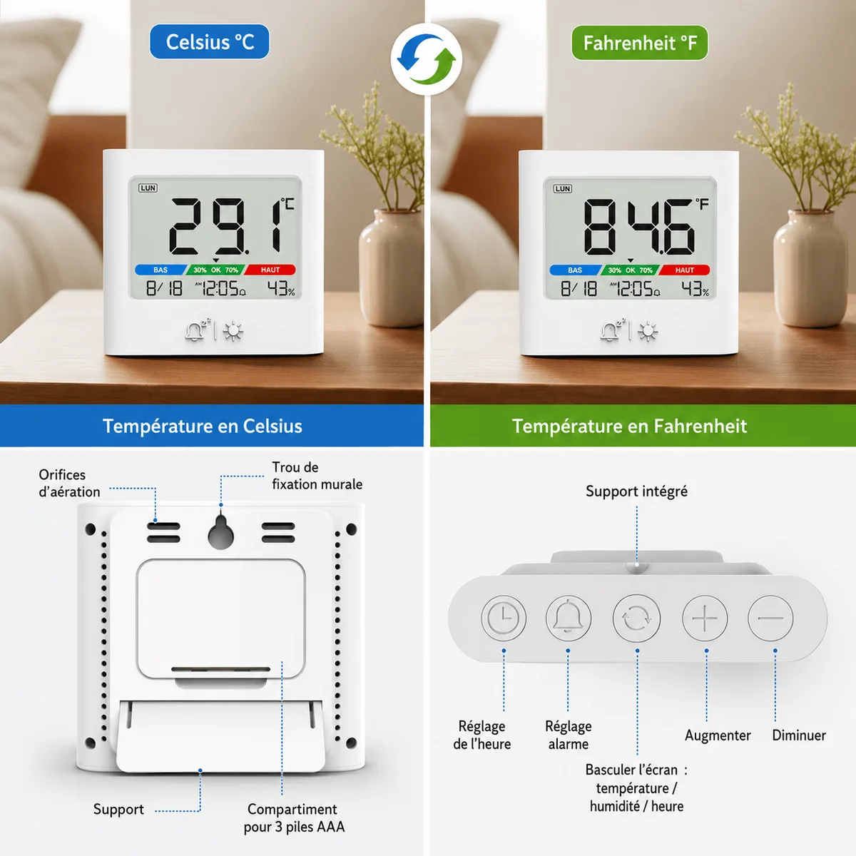 Réveil digital à pile avec thermomètre