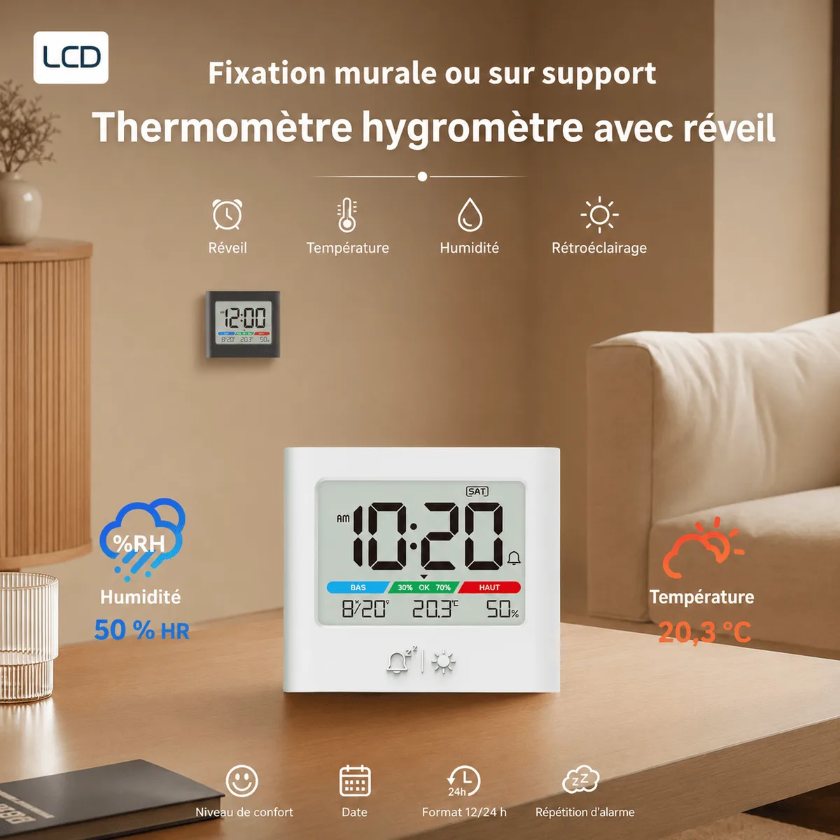 Réveil digital à pile avec thermomètre