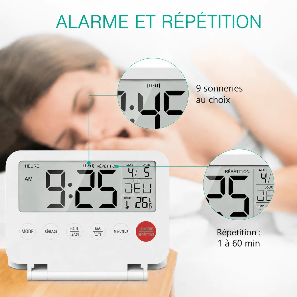 Réveil de voyage pliant et à piles