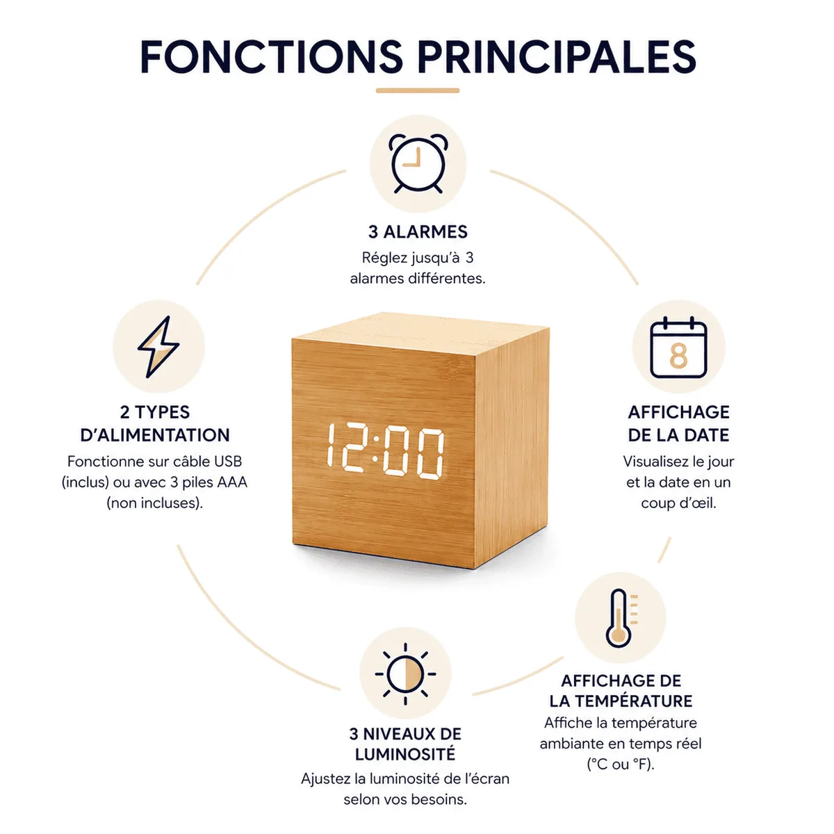 Réveil Bois Cube Compact
