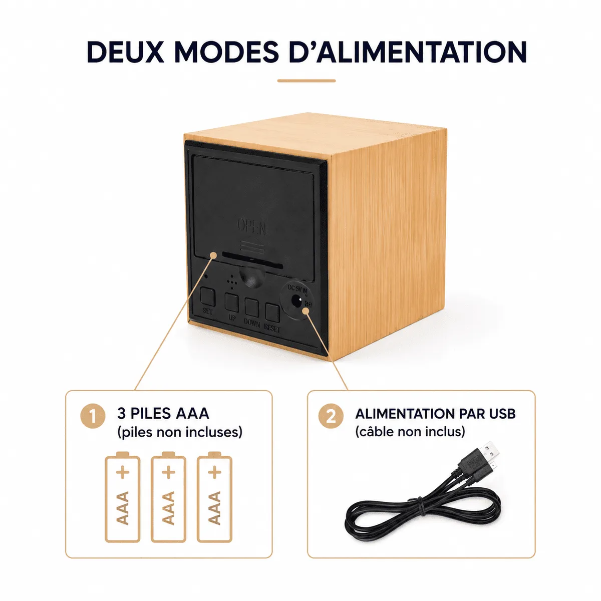Réveil Bois Cube Compact
