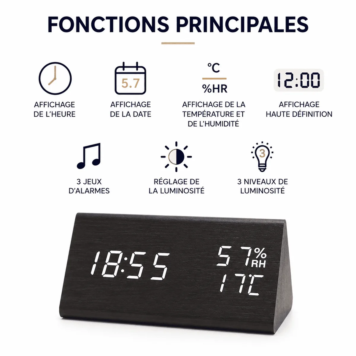 Réveil Bois avec Thermomètre et Hygromètre